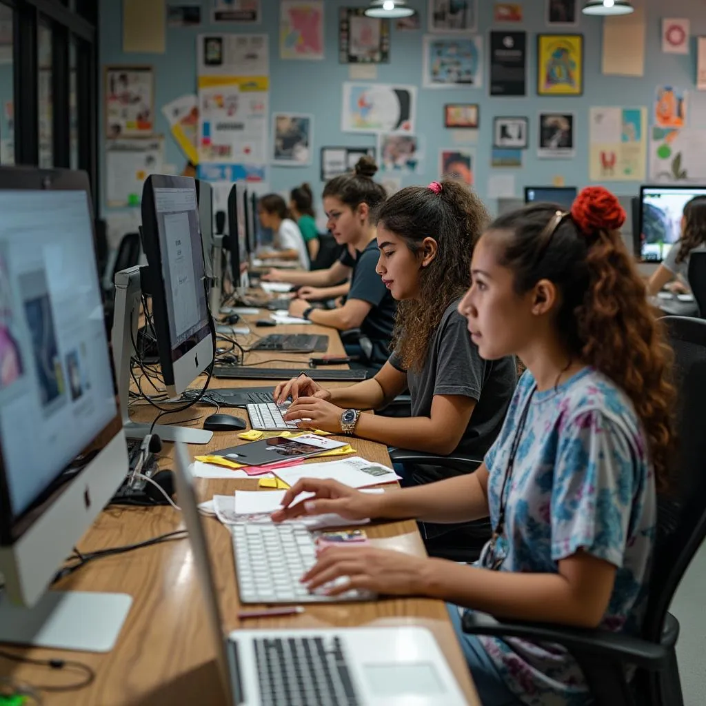 Estudiantes aprendiendo diseño gráfico